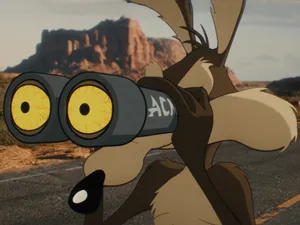 Wile E. Coyote looks through a pair of Acme binoculars down a desert road. It's a still from the new movie 'Coyote vs Acme' - and SWITCH is giving you the chance to win double passes!