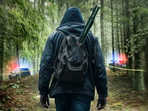 A man in a hoodie walks along police crime scene tape toward two police cars with red and blue lights on. It's a still from the movie 'Stone Creek Killer' - and SWITCH is giving you the chance to win DVD copies!