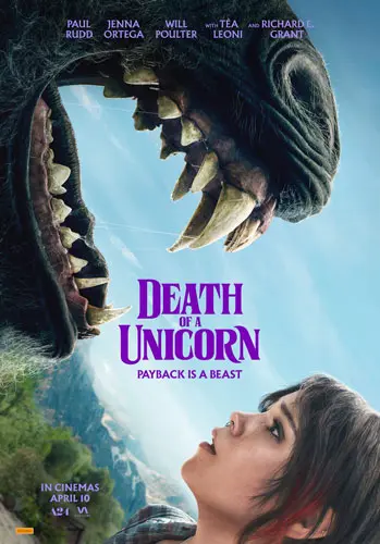 Theatrical poster of the movie 'Death of a Unicorn'.